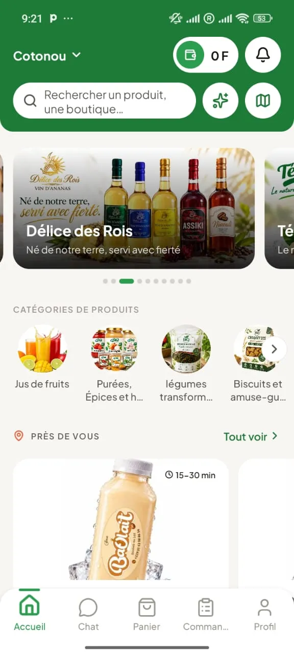 Écran d’accueil de l’app eBio : position Cotonou, catégories de produits et promotions du moment